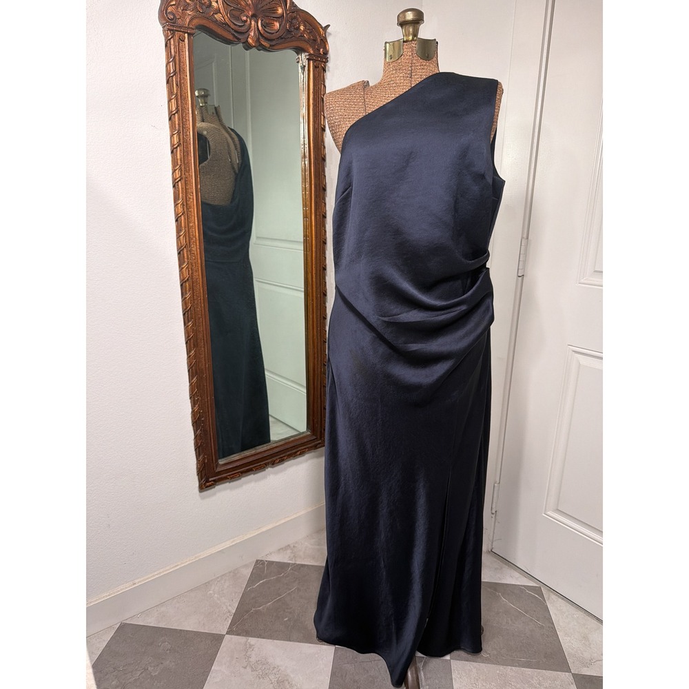 Bec + Bridge Navy Blue Satin One Shoulder Cowl Back Maxi Dress Size 14